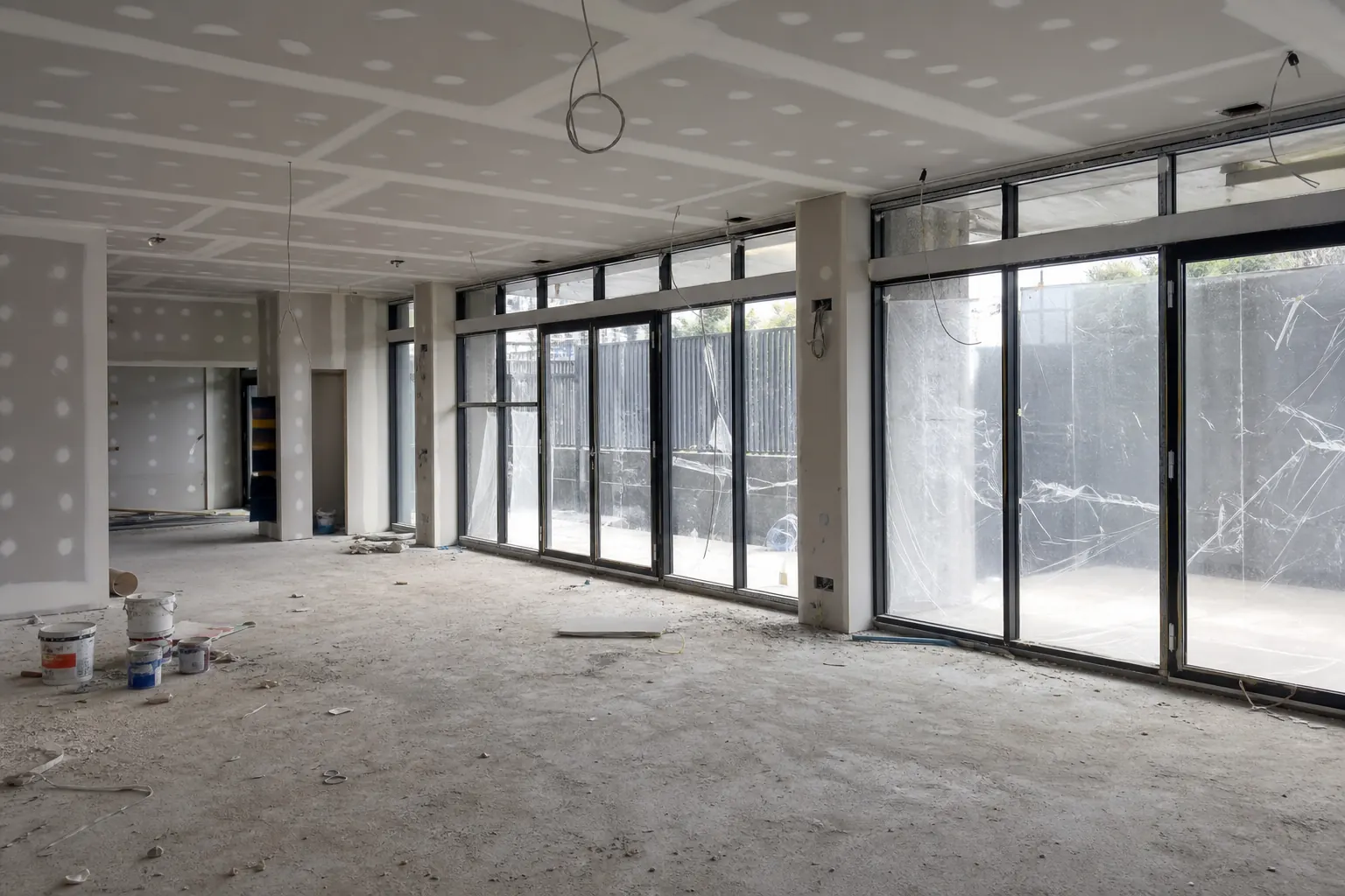 Commercial interior before cleaning, covered in construction dust